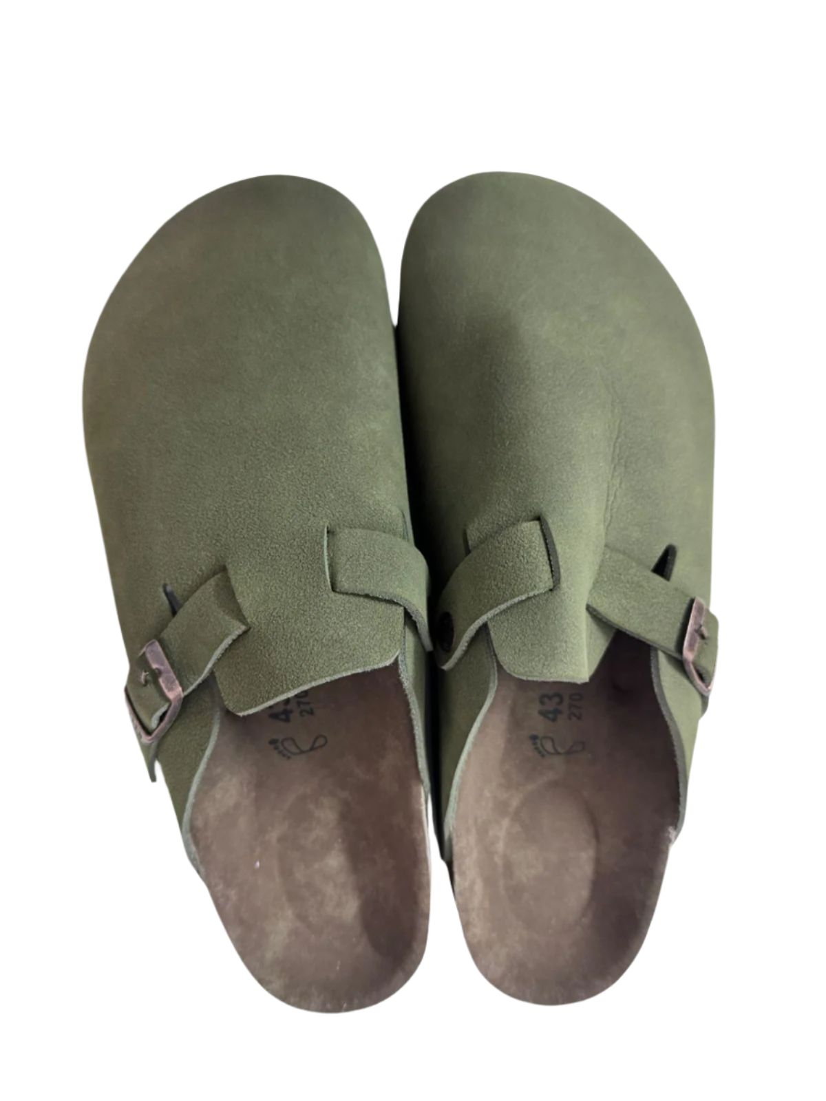 Pair of green suede birkenstock clogs on a white background